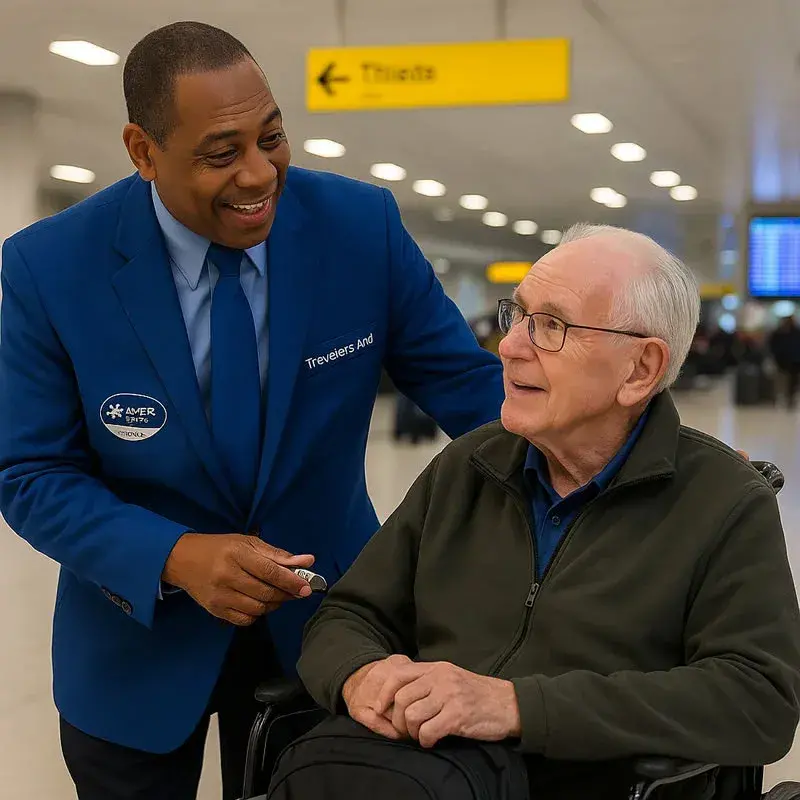 JFK Airport volunteer in a distinctive blue Travelers Aid blazer assisting an elderly passenger in a wheelchair near bright yellow wayfinding signs.