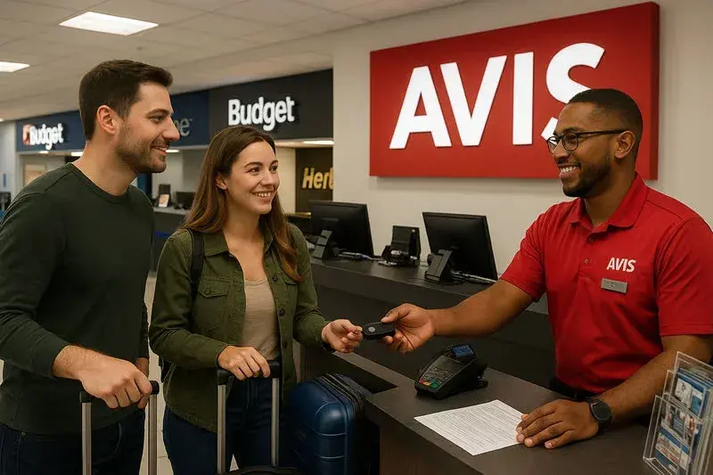 Couple at the AVIS car rental counter in JFK Airport receiving a key fob from a smiling agent